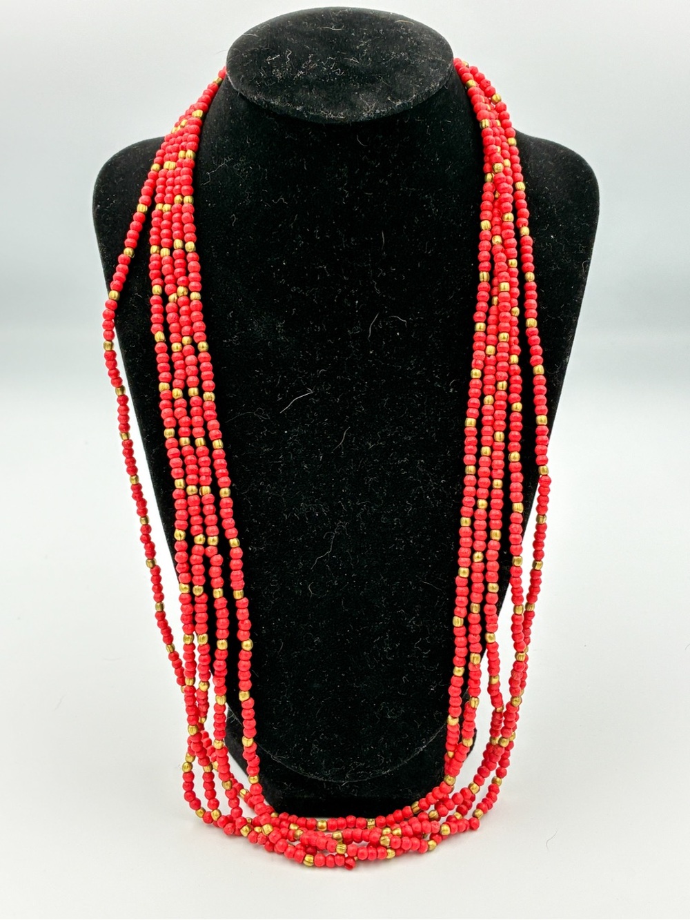 NECKLACE 5 Strands Small Red Beads Gold Accents On Gold Tone Chain 26 Inch